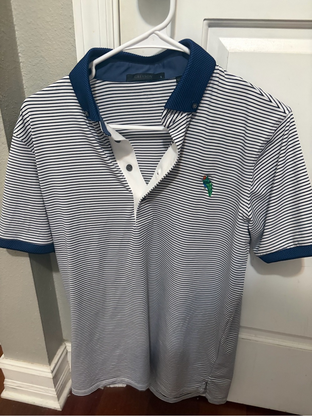 Greyson White and Navy Thin-Striped Polo with Blue Trim